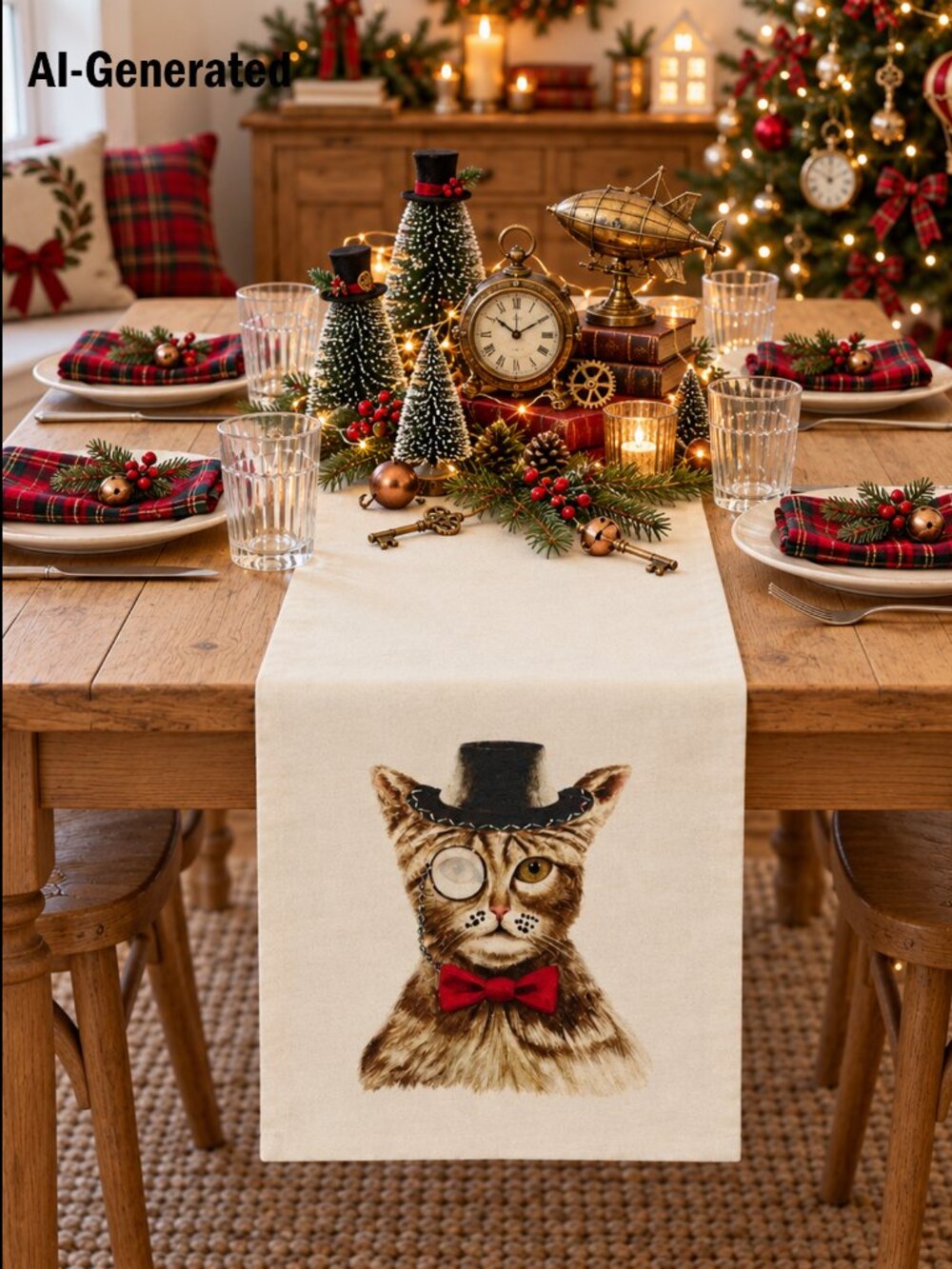 Domain Cat Table Runner 14"x72" Cream Beaded Top Hat Monocle Red Bow Tie NWT